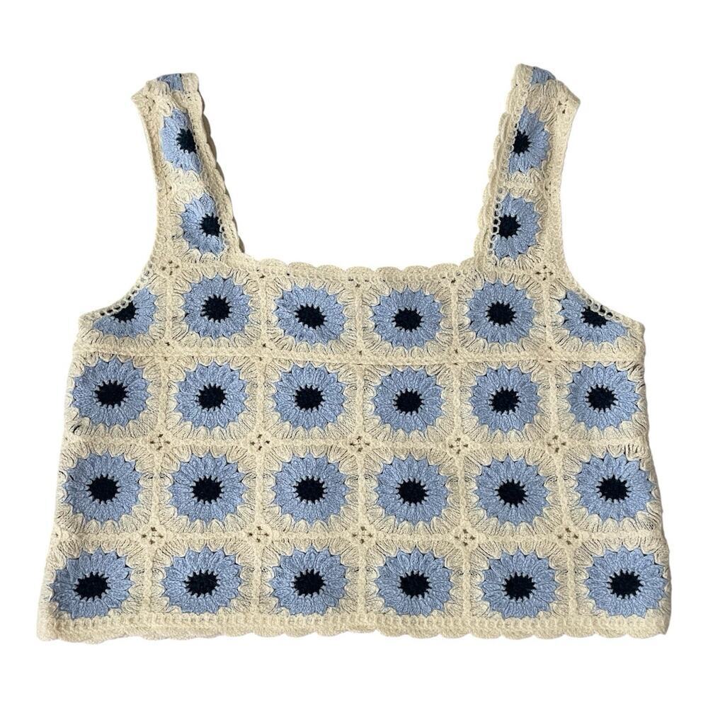 Rebellion Again Tank Top Women Sz Medium Cream Blue Floral Boho Crochet Crop